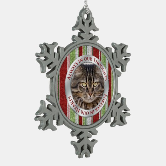 ペット猫記念写真クリスマスキャンディーケインストライプ スノーフレークピューターオーナメント (左)