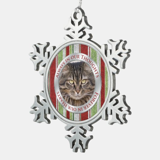 ペット猫記念写真クリスマスキャンディーケインストライプ スノーフレークピューターオーナメント (右)