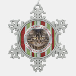 ペット猫記念写真クリスマスキャンディーケインストライプ スノーフレークピューターオーナメント