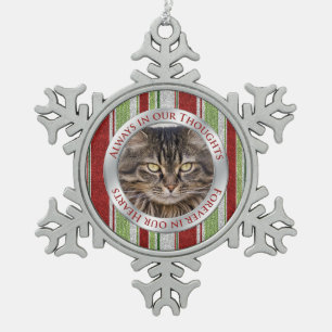 ペット猫記念写真クリスマスキャンディーケインストライプ スノーフレークピューターオーナメント