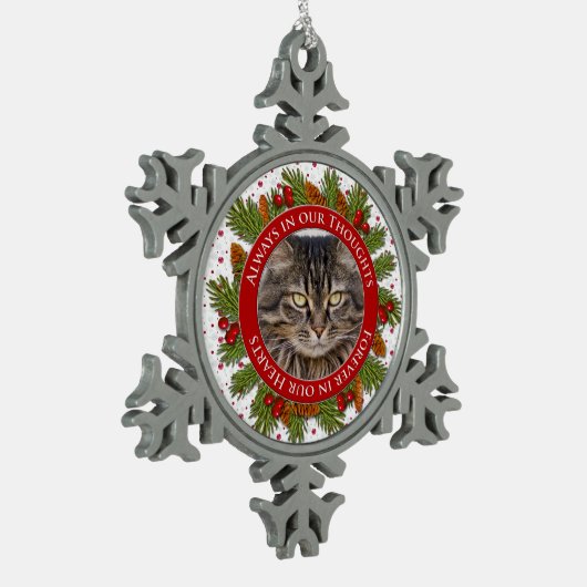 ペット猫記念写真クリスマスパイン大枝ホリー スノーフレークピューターオーナメント (左)