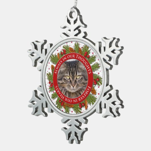 ペット猫記念写真クリスマスパイン大枝ホリー スノーフレークピューターオーナメント (右)
