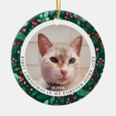 ペット猫2フォト初めてのクリスマス水彩フローラ セラミックオーナメント (正面)
