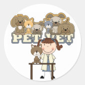 ペット獣医のブルネットの女性のTシャツおよびギフト ラウンドシール (正面)