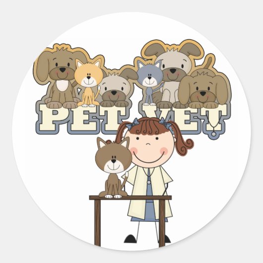 ペット獣医のブルネットの女性のTシャツおよびギフト ラウンドシール (正面)