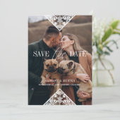 ペット素朴フォトレース効果お洒落タイポグラフィ セーブザデート (スタンド正面)