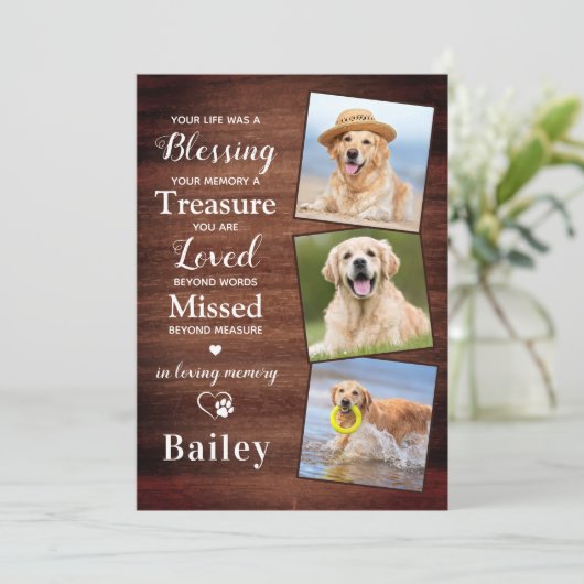 ペット素朴ロスパーソナライズされた3 Photo Dog記念碑 サンキューカード (スタンド正面)