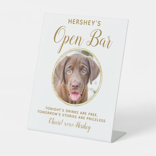 ペット結婚のオープンバードッグ写真エレガント金ゴールド飲料 台座サイン (正面)