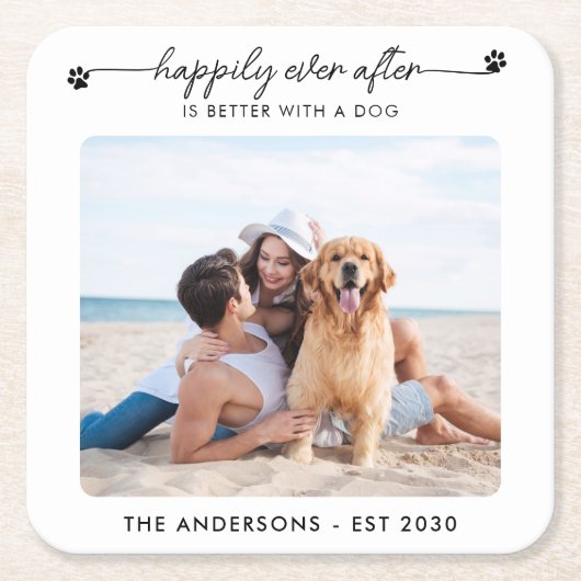 ペット結婚のカスタム飼い犬が楽しそうに追いかける スクエアペーパーコースター (正面)