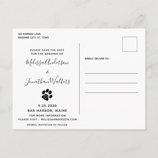 ペット結婚の写真コラージュ犬の日付を保存 案内ポストカード (裏面)