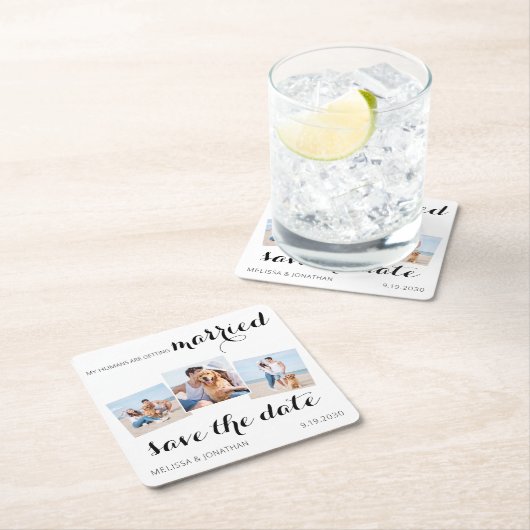 ペット結婚の3フォトコラージュ犬の日付を保存 スクエアペーパーコースター (インサイチュ)