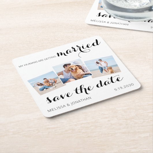 ペット結婚の3フォトコラージュ犬の日付を保存 スクエアペーパーコースター (アングル)