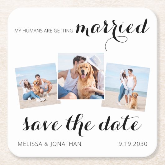 ペット結婚の3フォトコラージュ犬の日付を保存 スクエアペーパーコースター (正面)