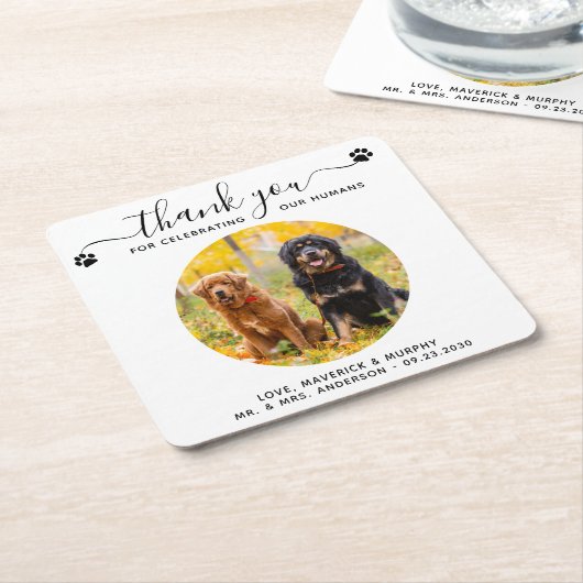 ペット結婚スモダンプエレガントト写真ありがとう スクエアペーパーコースター (アングル)