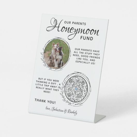 ペット結婚ズハネムーンファンドドッグフォトベンモQRコード 台座サイン (正面)