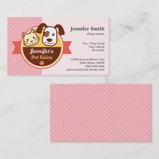 ペット美しいサロン – ピンク水玉模様 名刺 (正面/裏面)