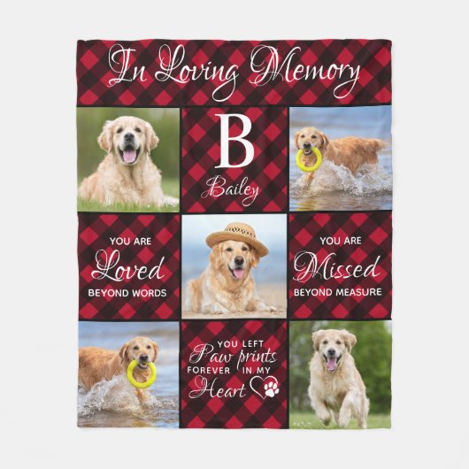 ペット記念ペット損失赤い格子模様ユニーク5犬写真 フリースブランケット (正面)