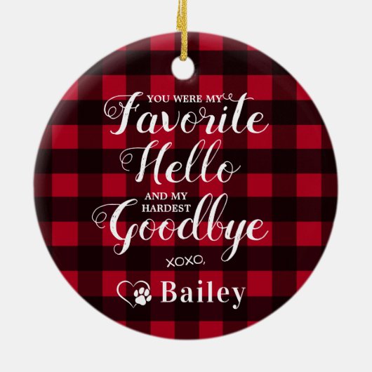 ペット記念犬の写真レッドバッファロープレイドペットロス セラミックオーナメント (裏面)