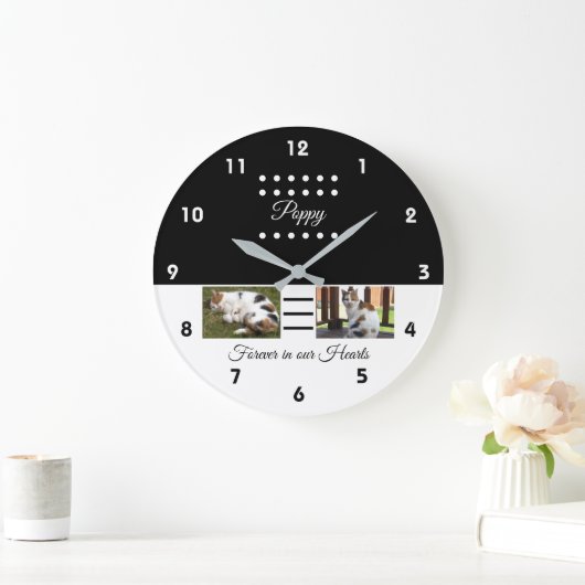 ペット記念猫白黒の写真の追加 ラージ壁時計 (ホーム)