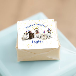 ペット誕生日ドッグお祝い 青 スクエアシール