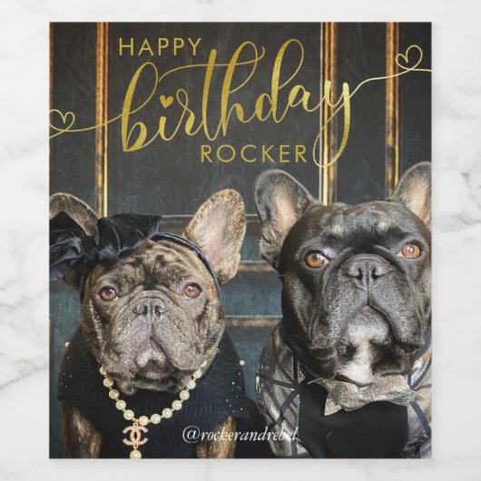 ペット誕生日写真と文字の金ゴールドモダンスクリプトの追加 ワインラベル (シングルラベル)