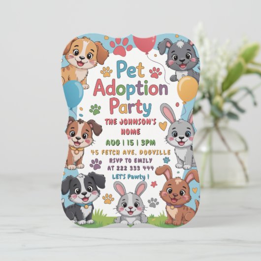 ペット養子縁組パーティの招待状 – かわいい動物テーマ 招待状 (スタンド正面)