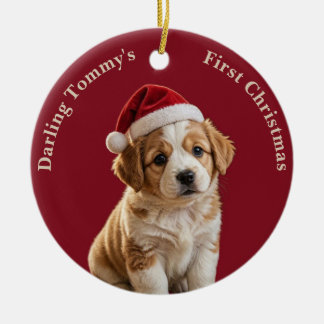 ペット+パピー+犬+誕生統計+写真+名前+最初のクリスマス セラミックオーナメント