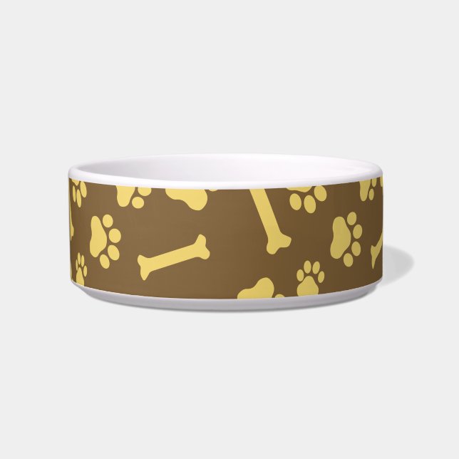 ペット – 犬または猫の手の足跡と骨のパターン棒 ボウル (正面)