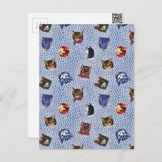 ペット 猫 青い水玉模様の子猫 水彩画 ポストカード (正面/裏面)