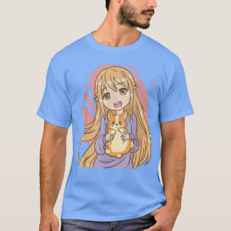ペットFに漫画モルモットを手にしたマンガガール Tシャツ