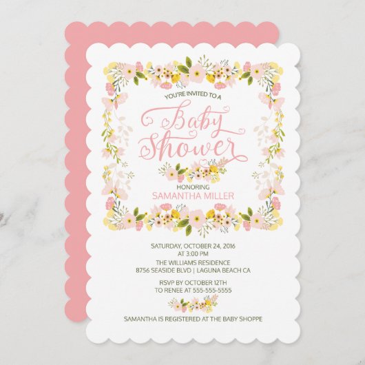 ペティフローラフレーム女の子ベビーシャワー 招待状 (正面/裏面)