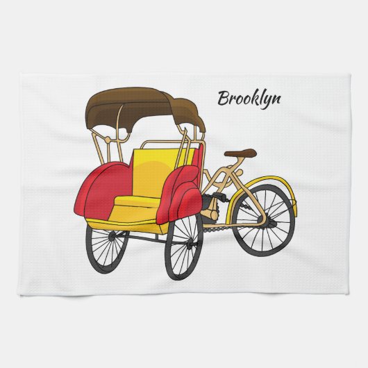 ペディカブ人力車の漫画イラストレーション キッチンタオル (横)