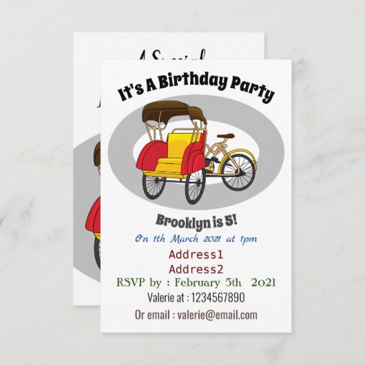 ペディカブ人力車の漫画イラストレーション 招待状 (正面/裏面)