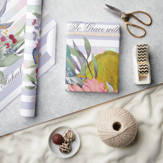 ペトラズラブウォーターカラーフローラカスタム文字 ラッピングペーパー (クラフト)