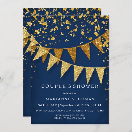 ペナントバモダンナーとグリッター落下紙吹雪 招待状 (正面/裏面)