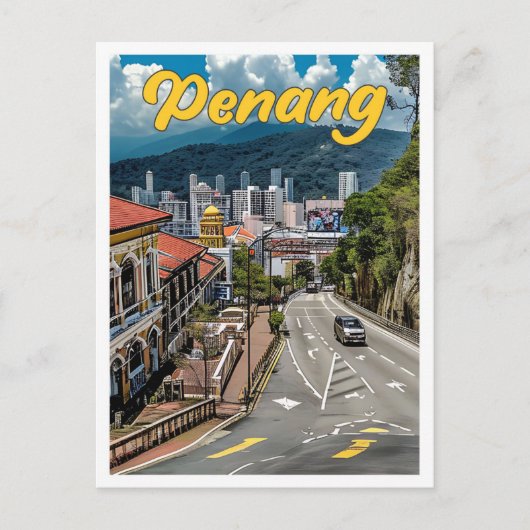 ペナンマレーシアヴィンテージアートトラベルイラストレーション ポストカード (正面)