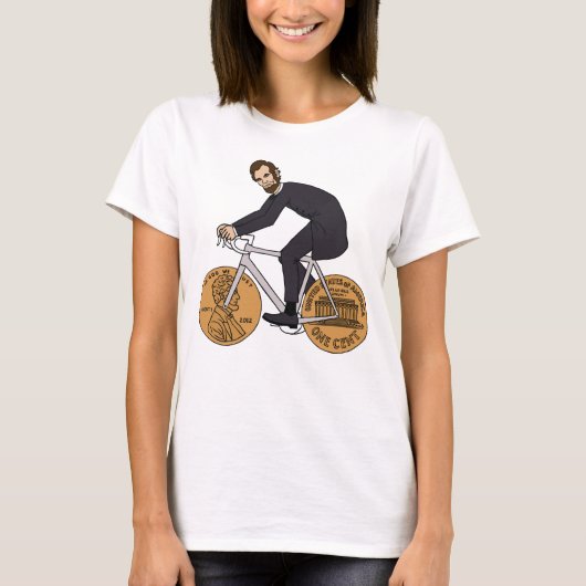 ペニー・ホイール付きの自転車に乗ったエイブラハム・リンカーン Tシャツ (正面)