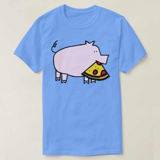 ペパローニのピザスライスを口に入れたかわいいピンク豚 Tシャツ (デザイン正面)