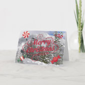 ペパーミントのキャンディと冬の雪のクリスマスカード シーズンカード (正面)
