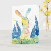 ペパーミントの芸術のヒエンソウのバニーの挨拶状 カード (黄色い花)