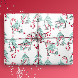 ペパーミントキャンディキャッツとクリスマスツリー ラッピングペーパー