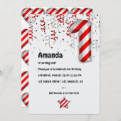 ペパーミントキャンディーケーンバルーンストクリスマス誕生日 招待状 (正面/裏面)