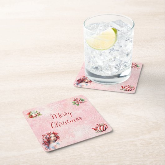 ペパーミントクリスマスティーピンクパーティースノーフレーク スクエアペーパーコースター (インサイチュ)