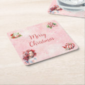 ペパーミントクリスマスティーピンクパーティースノーフレーク スクエアペーパーコースター (アングル)