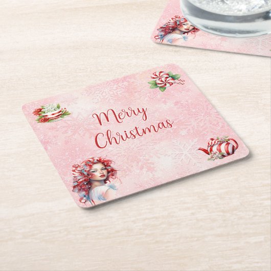 ペパーミントクリスマスティーピンクパーティースノーフレーク スクエアペーパーコースター (アングル)