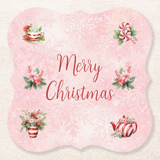 ペパーミントクリスマスティーピンクパーティースノーフレーク ペーパーコースター (正面)