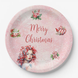 ペパーミントクリスマスティーピンクパーティースノーフレーク ペーパープレート