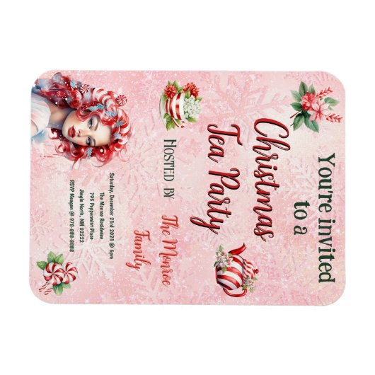 ペパーミントクリスマスティーピンクパーティースノーフレーク マグネット (横)