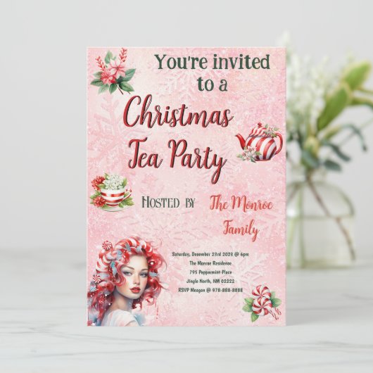 ペパーミントクリスマスティーピンクパーティースノーフレーク 招待状 (スタンド正面)