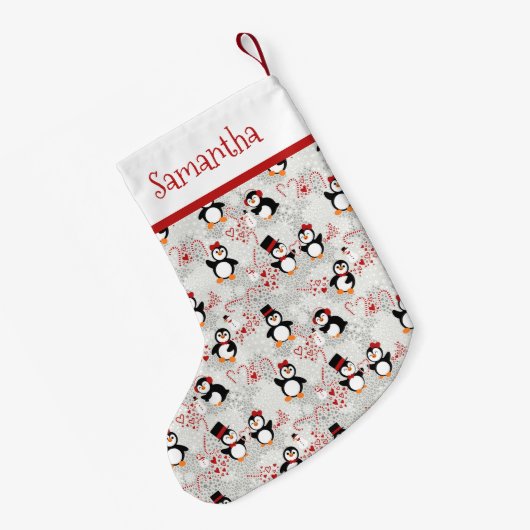 ペパーミントクリスマスペンギンパーソナライズされたの名前 スモールクリスマスストッキング (裏面 (吊り時))